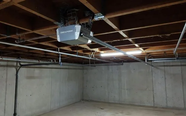 A garage door opener motor on the ceiling